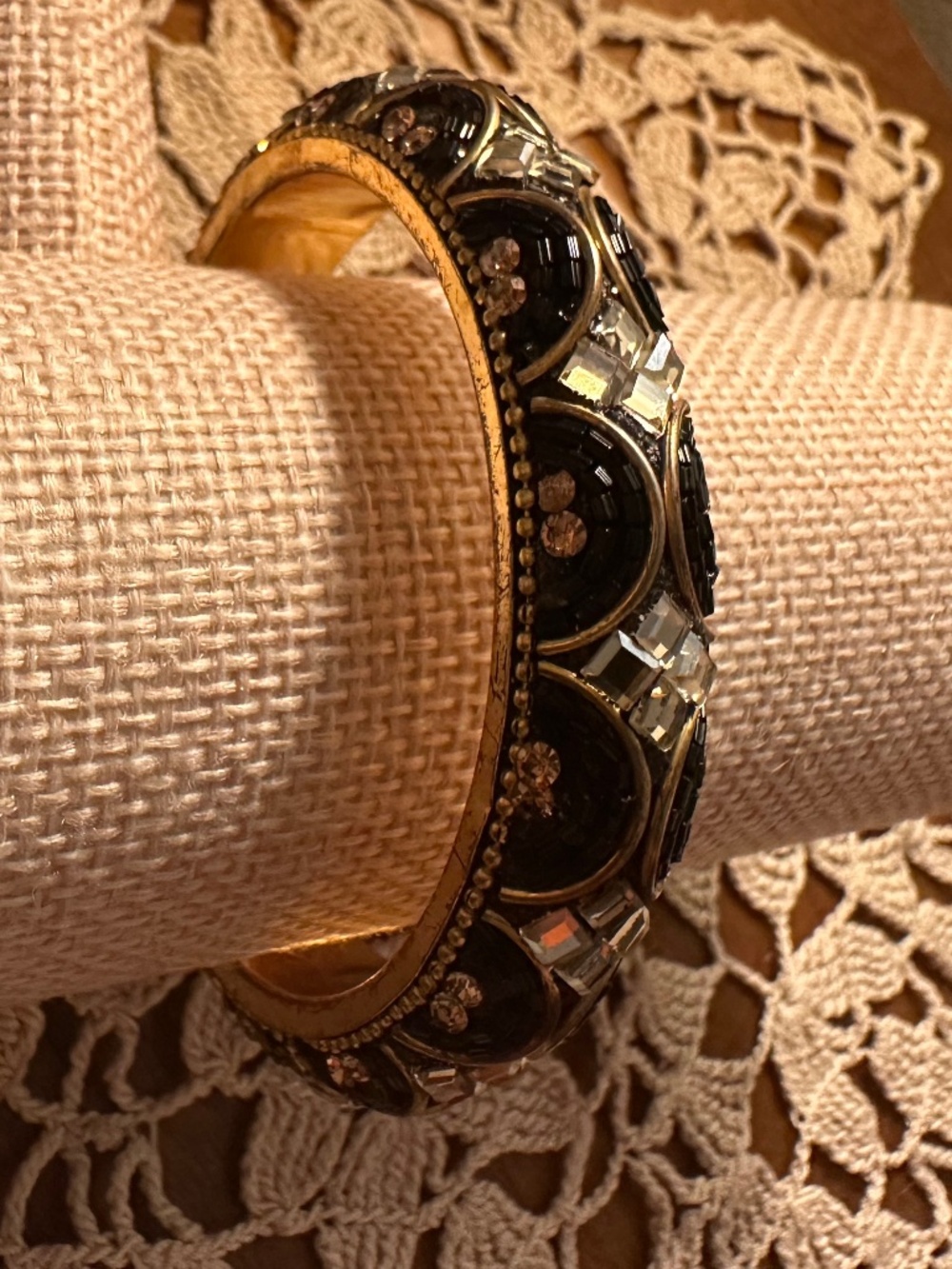 Vintage Gold Black Beaded Bangle Bracelet Rhinestone Art Deco Statement